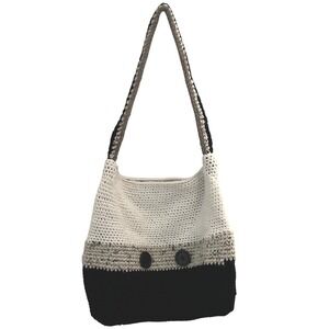 Handmade Crochet Hobo Shoulder Bag Purse Black White Striped Buttons w/ Zipper